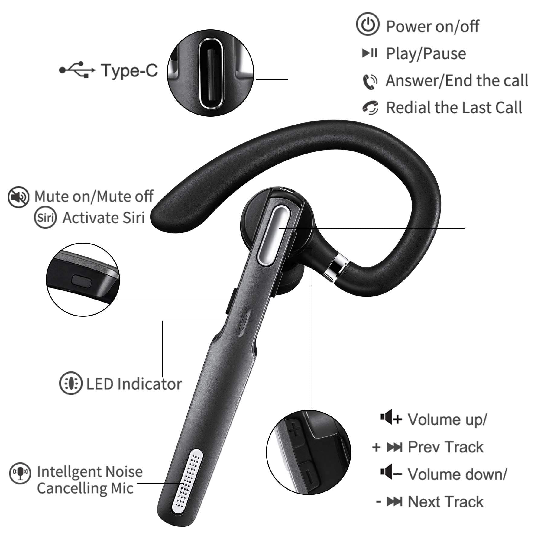ICOMTOFIT Bluetooth Headset, Wireless Bluetooth Earpiece V5.0 Hands-Free Earphones with Built-in Mic for Driving/Business/Office