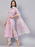 Anni Designer Women'S Cotton Blend Straight Printed Kurta With Pant & Dupatta (Ratnapriya Purple_S_Purple_Small),Purple,S,Cotton Blend,Regular,Kurta, Scarf