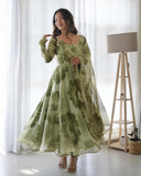 Women Floral Print Anarkali Kurta With Pant And Duptta (Medium Green),Green,M,Georgette,Anarkali,Dupatta