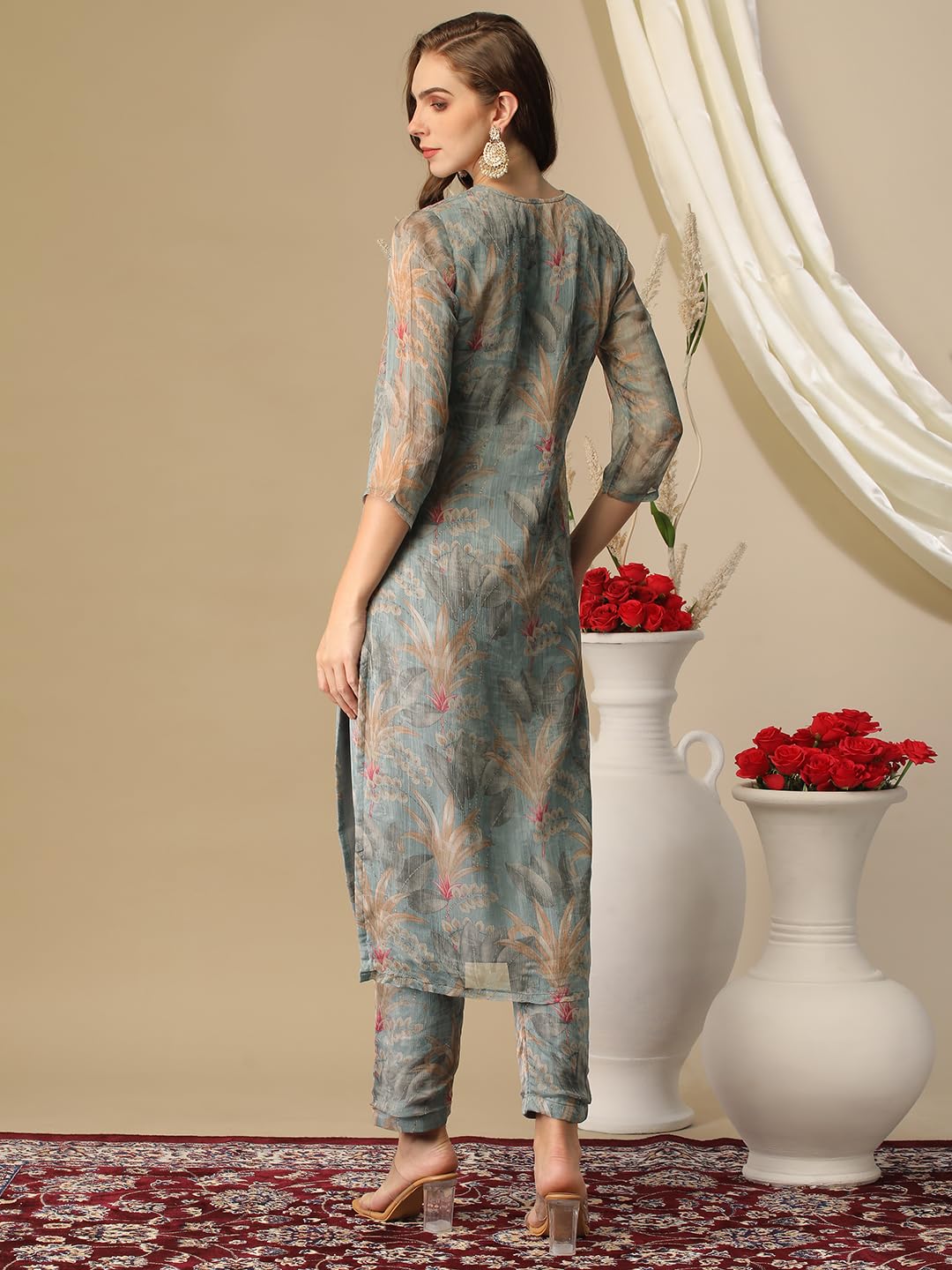 Gosriki Women'S Cotton Blend Straight Printed Kurta With Pant (Feni Grey-Nw-Gs_3Xl_Grey_Xxx-Large),Grey,3,B0D3BXWRZV