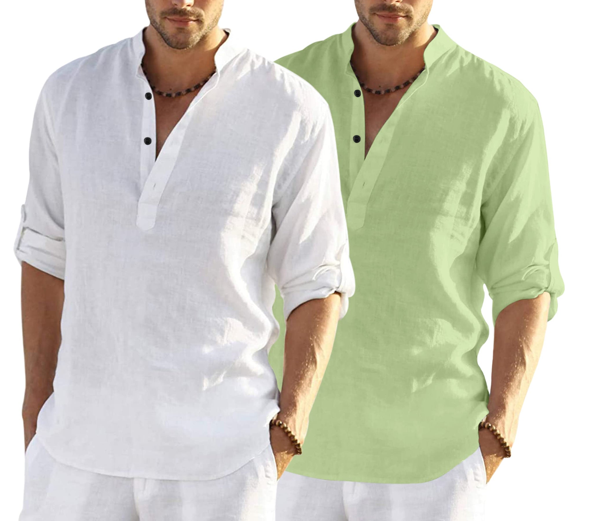 Bellstone Men'S Cotton Blend Solid Regular Dress Shirt (Kurta800_Combo_White_Light Green_Xl