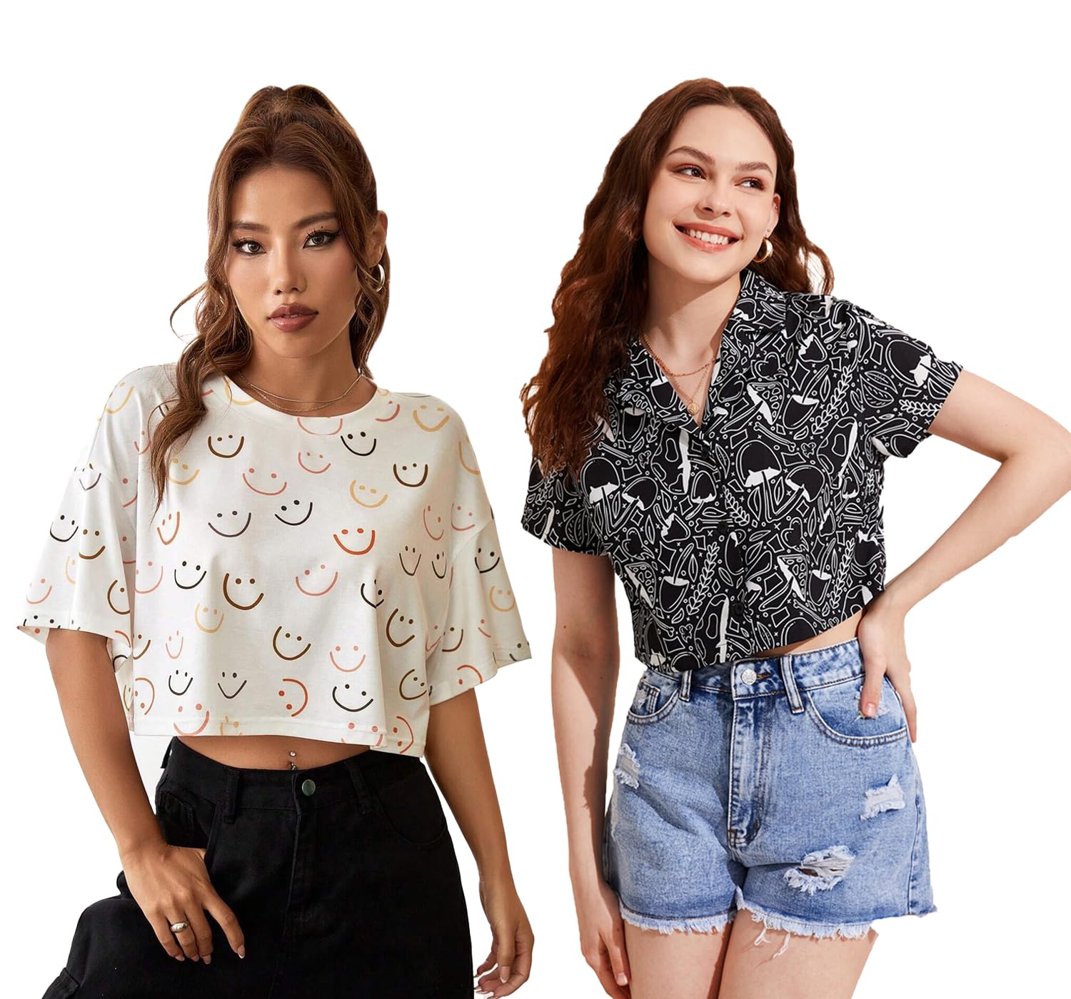 Toplot Women'S Casual Printed Crop Top With Short Sleeve Pack Of 2 (Combo-5135-Blk-Sml-L),Black-Smile,,B0CCXTSNQ4