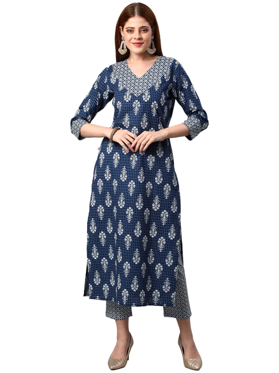 Anni Designer Women'S Cotton Blend Printed Straight Kurta With Pant (Sarva-Indigo_S_Dark Blue_Small),Indigo,S