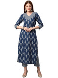 Anni Designer Women'S Cotton Blend Printed Straight Kurta With Pant (Jinki-Indigo_L_Dark Blue_Large),Indigo,L