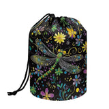 Poceacles Dragonfly Flower Green Drawstring Makeup Bag Foldable Travel Cosmetic Case, Large Capacity Bucket Toiletry Bag Organiz