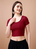 Pujia Mills Women'S Readymade Dobby Cotton Lycra Stretchable Round Neck Short Sleeve Blouse Fancy Maroon Color Lycra Stretchable Blouse For Women Stylish Readymade Saree Blouse Maroon L