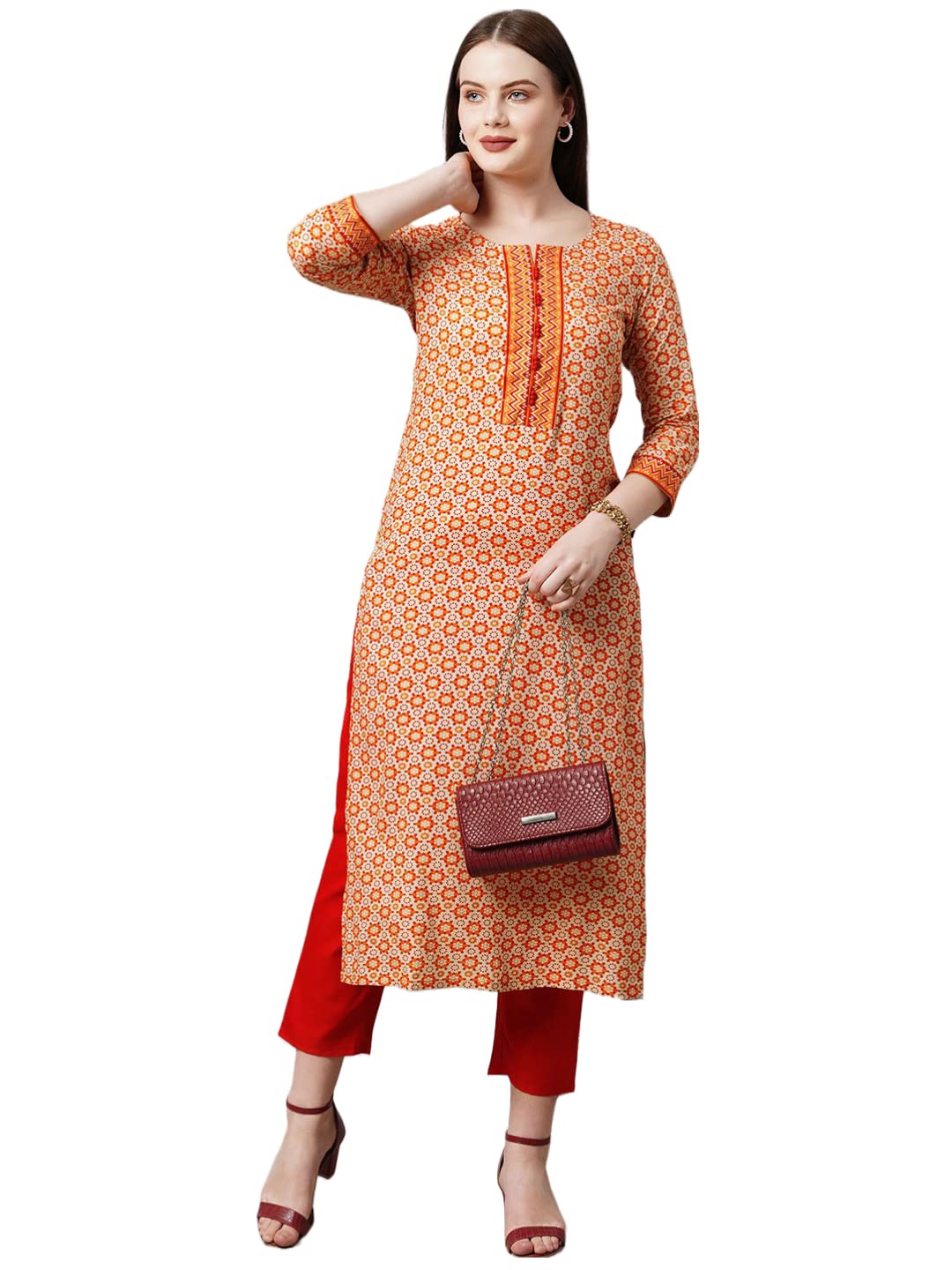 Anni Designer Women'S Cotton Blend Printed Straight Kurta With Pant (Sarva-Orange_S_Dark Blue_Small),Orange,S