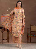 Libas Womens Printed Silk Blend Straight Kurta With Palazzos And Dupatta Orange