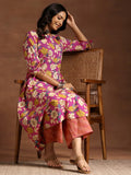Libas Womens Printed Cotton A-Line Kurta With Palazzos Pink L 36798