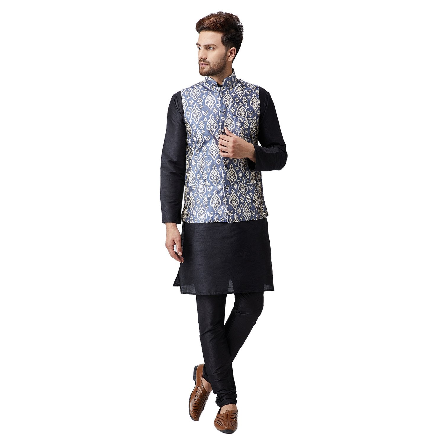 Sojanya (Since 1958 Men'S Silk Black Kurta Pyjama & Blue Printed Nehru Jacket Set Size L