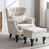 Janoray Mid Century Modern Accent Chair Upholstered Armchair Comfy Linen Fabric Tufted Wingback Single Sofa with Ottoman for Bed