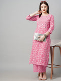 Anni Designer Women'S Cotton Blend Traditional Straight Printed Kurta And Palazzo Set (Valab Pink_S_Pink_Small),Pink,S,Cotton Blend,Regular,Kurta with palazzo