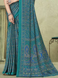 Satrani Women'S Silk Crepe Floral Printed Saree With Unstitched Blouse Piece(2858S2463N_Rama Green & Blue)