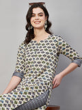 Anni Designer Women'S Cotton Blend Straight Printed Kurta With Pant (B12 Cream_L_Cream_Large),Cream,L,,,