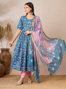 Anni Designer Women'S Cotton Blend Anarkali Printed Kurta With Pant & Dupatta (Nina Kerocin-Vks01_Xxl_Blue_Xx-Large),Blue,2XL,,,