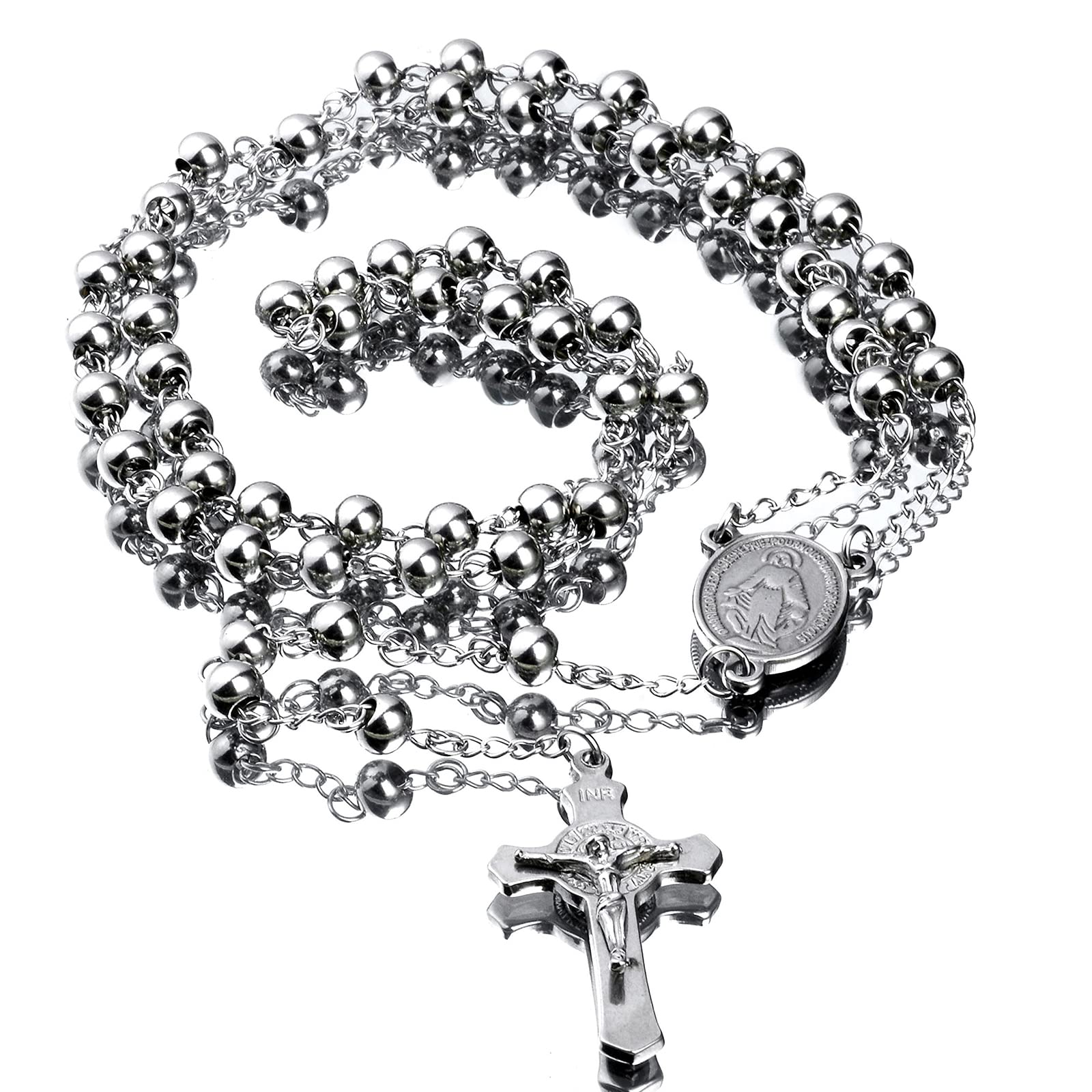 30 Stainless Steel Rosary Beads Necklace 6mm Silver Color with Jesus Christ Crucifix Cross