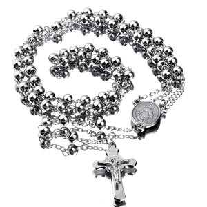 30 Stainless Steel Rosary Beads Necklace 6mm Silver Color with Jesus Christ Crucifix Cross