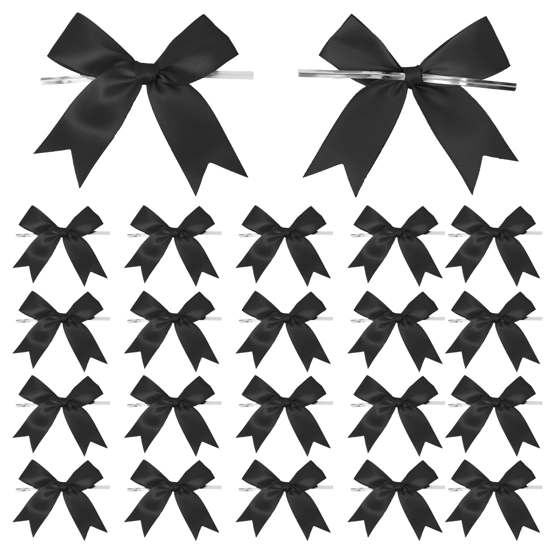 50 Counts Black Twist Tie Bows 3.1 Pre-Tied Satin Ribbon Bow Decor Mini Twist Tie Bows for Gift Wrapping Treat Bags Cake Bridal 