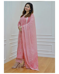 Anni Designer Women'S Cotton Blend Block Printed Straight Kurta With Pant & Dupatta (Nihira Pink_S_Pink_Small),Pink,S,Cotton Blend,Regular,