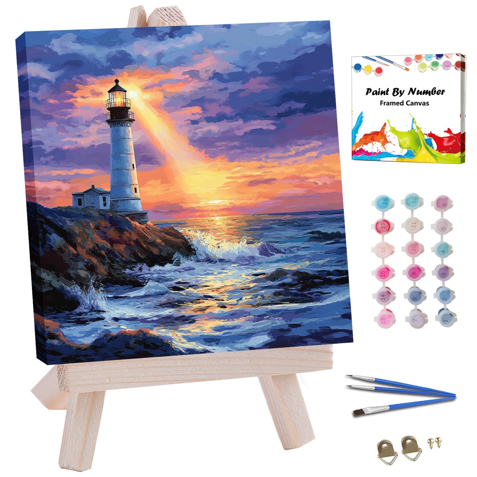 JUJUHOOD Sunset Lighthous Framed Paint by Numbers Kit for Adults Beginner & Kids Ages 8-12,Seaside Paint by Number Without Easel