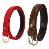 Sidewok Combo Of Croco Print Shiny & Plain Casual/Formal Sleek Belts For Women/Girls (Red & Brown)