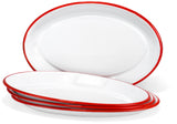 Red Co. Set of 4 Enamelware Metal Classic 13 Serving Oval Tray Platter, Solid White/Red Rim