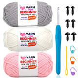 Cotton-Nylon Blend Crochet Yarn Kit for Beginners - 3x50g Pink, White, Grey with Easy-to-See Stitches