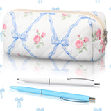Sherr Coquette Bow Pencil Case Blue Floral Bow Cute Pencil Pouch Soft Cotton Storage Bag Aesthetic Pattern Gift Makeup Pouch Cos