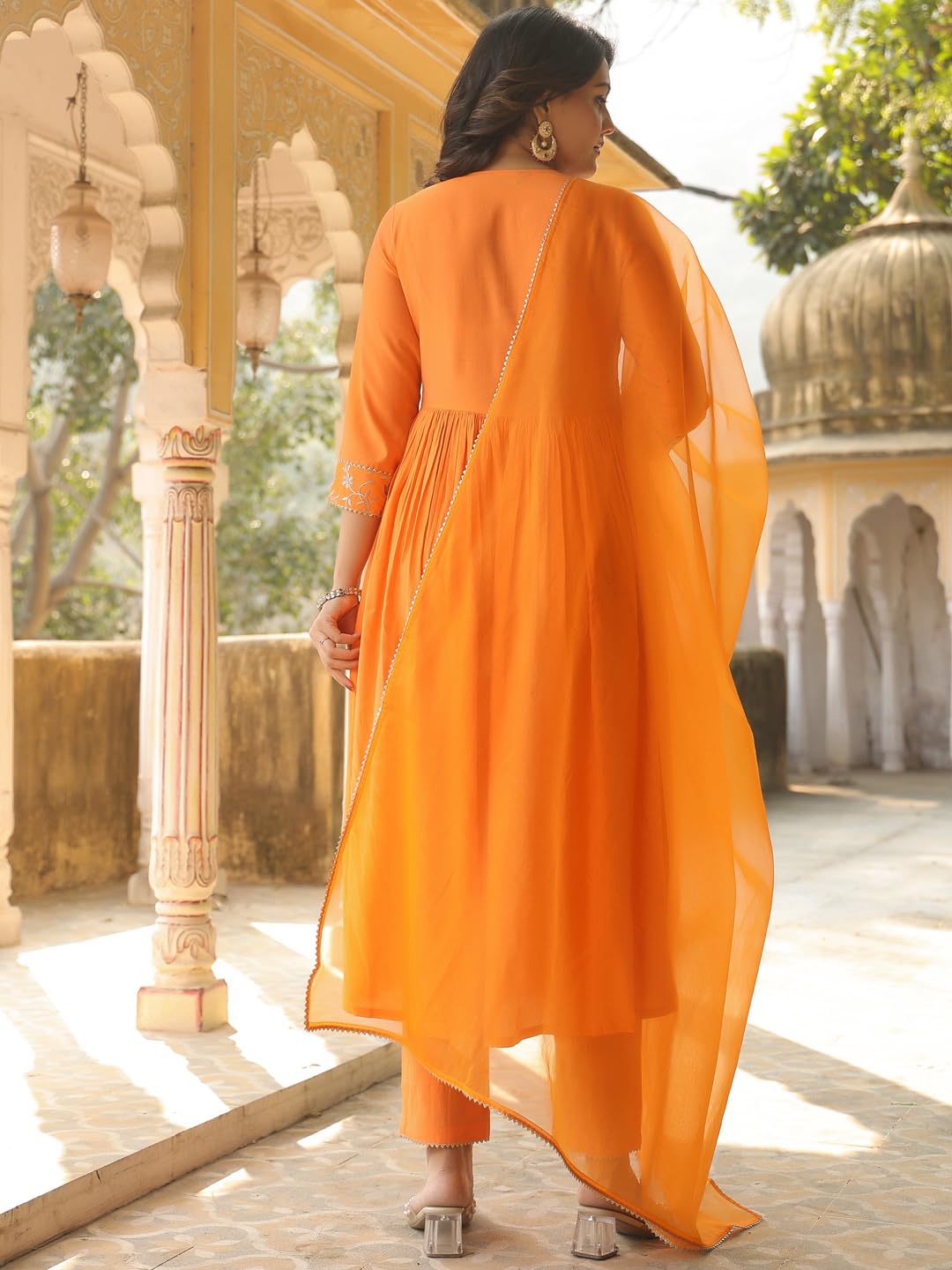 Anni Designer Women'S Rayon Blend Anarkali Embroidered Kurta With Pant & Dupatta (Kanakam Orange-Vks01_5Xl_Orange_Xxxxx-Large),Orange,5XL,Rayon Blend,Classic,