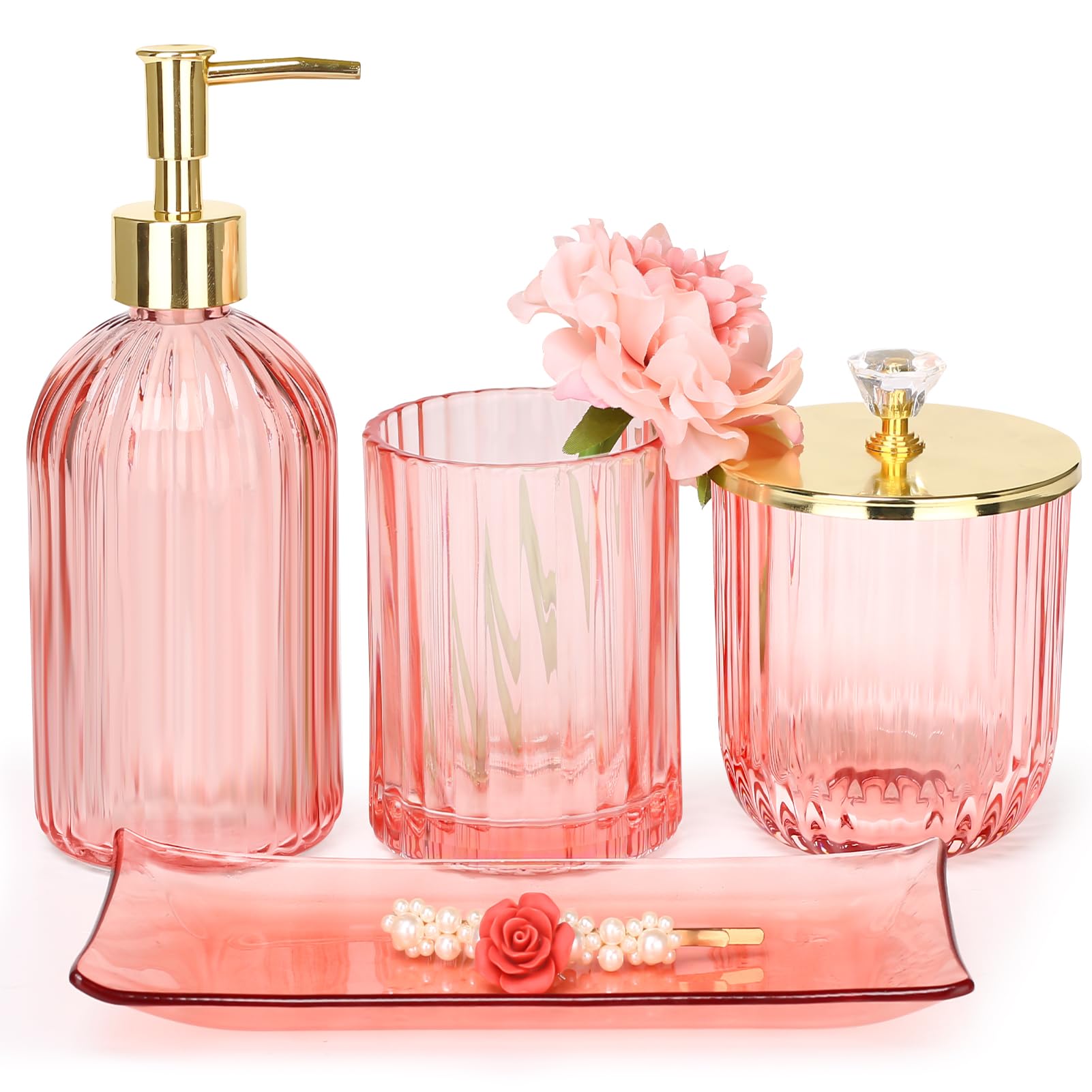 Bathroom Accessories Set, 4 Pcs Glass Bathroom Accessories Sets Complete W/Lotion Soap Dispenser, Toothbrush Holder, Apothecary 