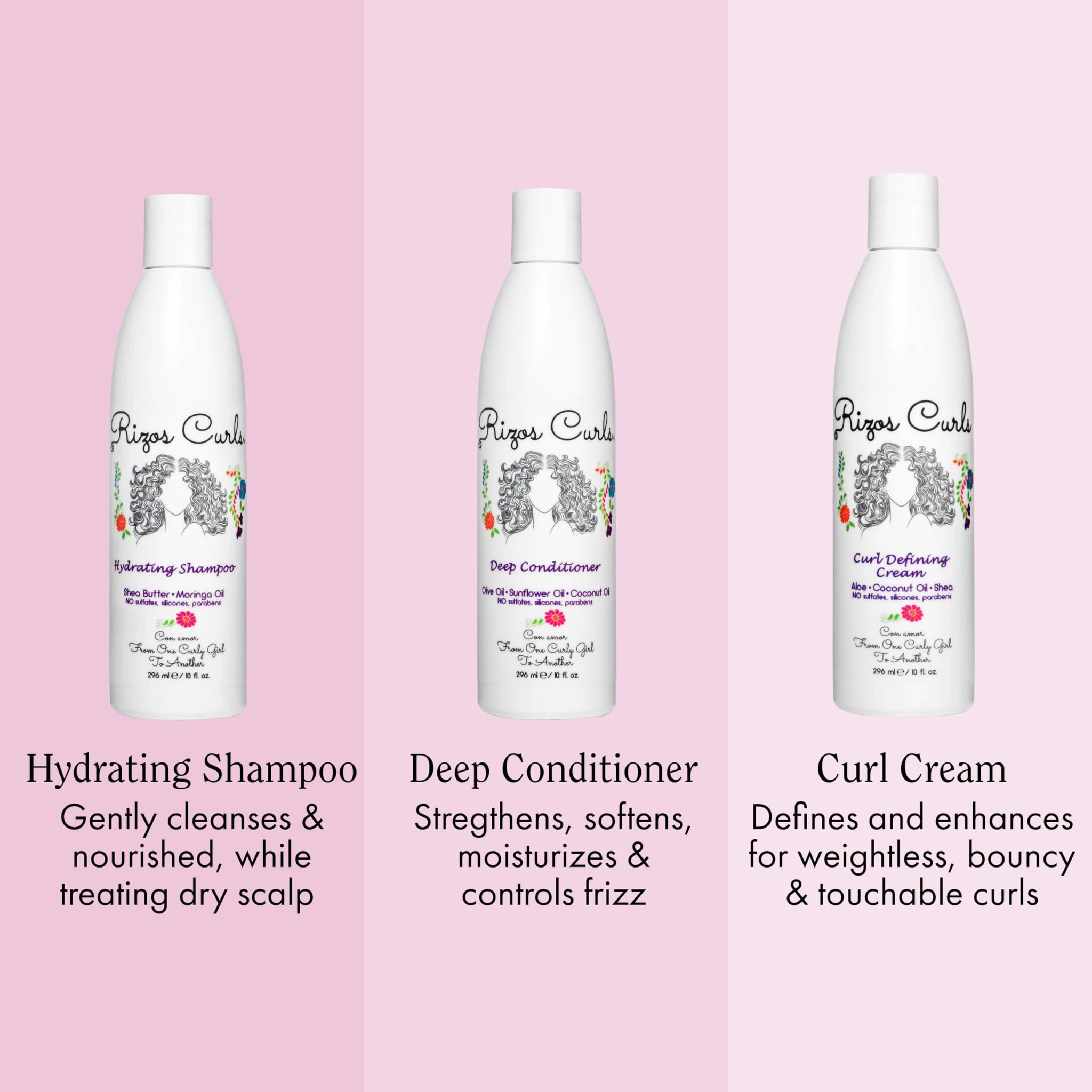 Rizos Curls Trio Bundle, Hydrating Shampoo & Deep Conditioner & Curl Cream Bundle, Gently Cleanse and Hydrate Curly Hair, Style