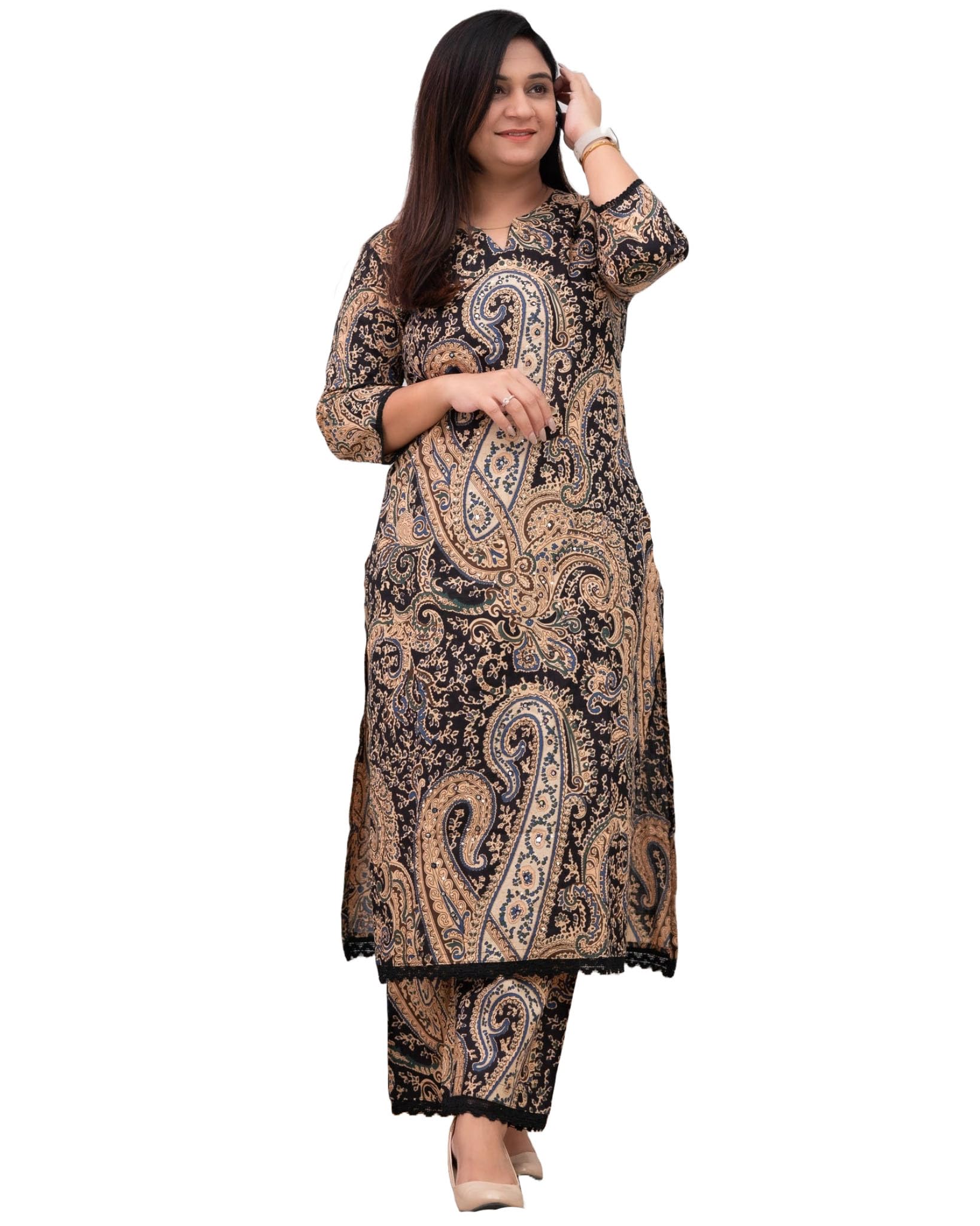 Anni Designer Women'S Rayon Viscose Straight Printed Kurta With Palazzo (Elevate Black_S_Black_Small),Black,S,,,