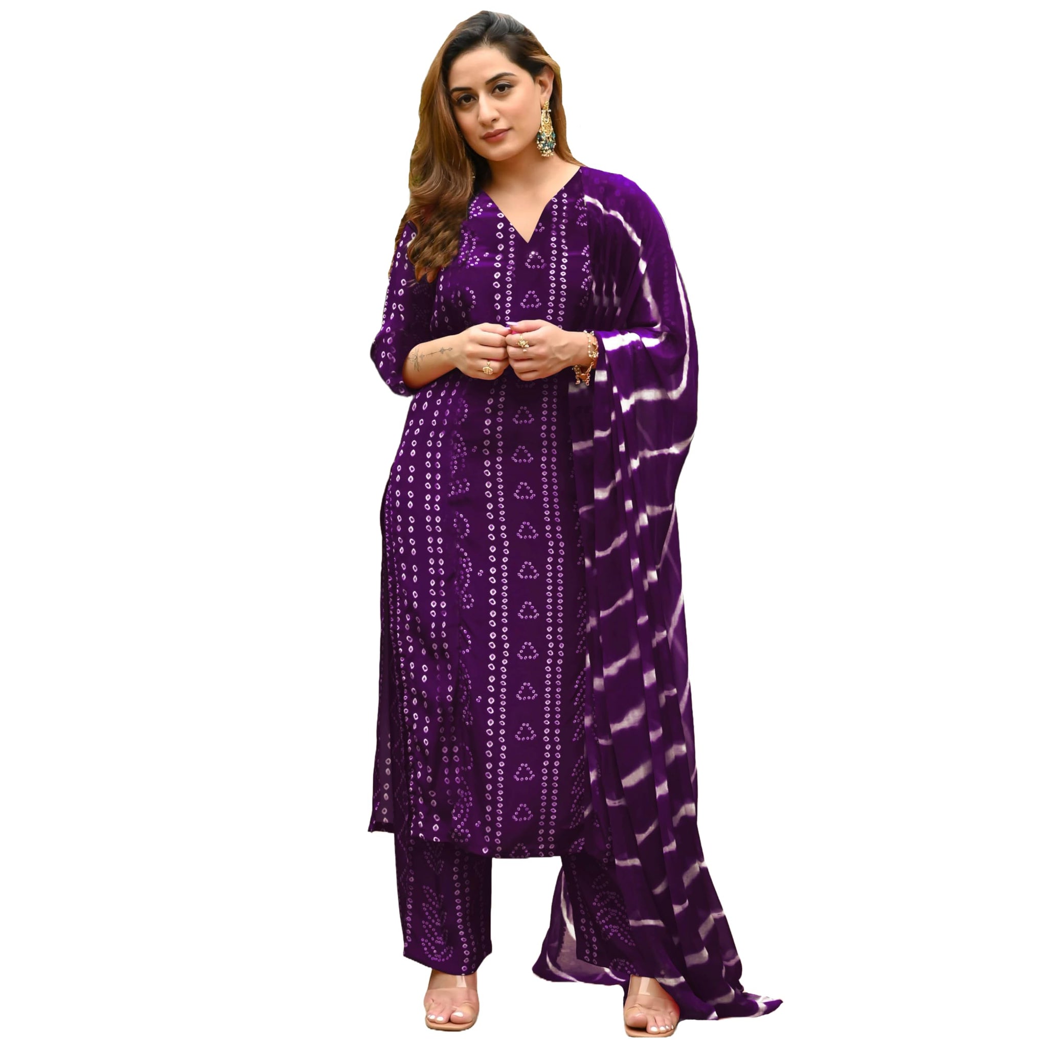 Gosriki Women'S Rayon Blend Straight Bandhej Printed Kurta With Pant & Dupatta (Baghira Begani-Vks01-Gs_Xl_Begani_X-Large),Begani,,B0DFY3BBPY