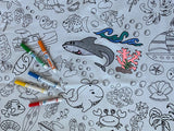 Oceantime Fun Design - Square Tablecloth 60  X60- Interactive Coloring Tablecloth for Kids - Poly/Cotton Fabric - Washable 