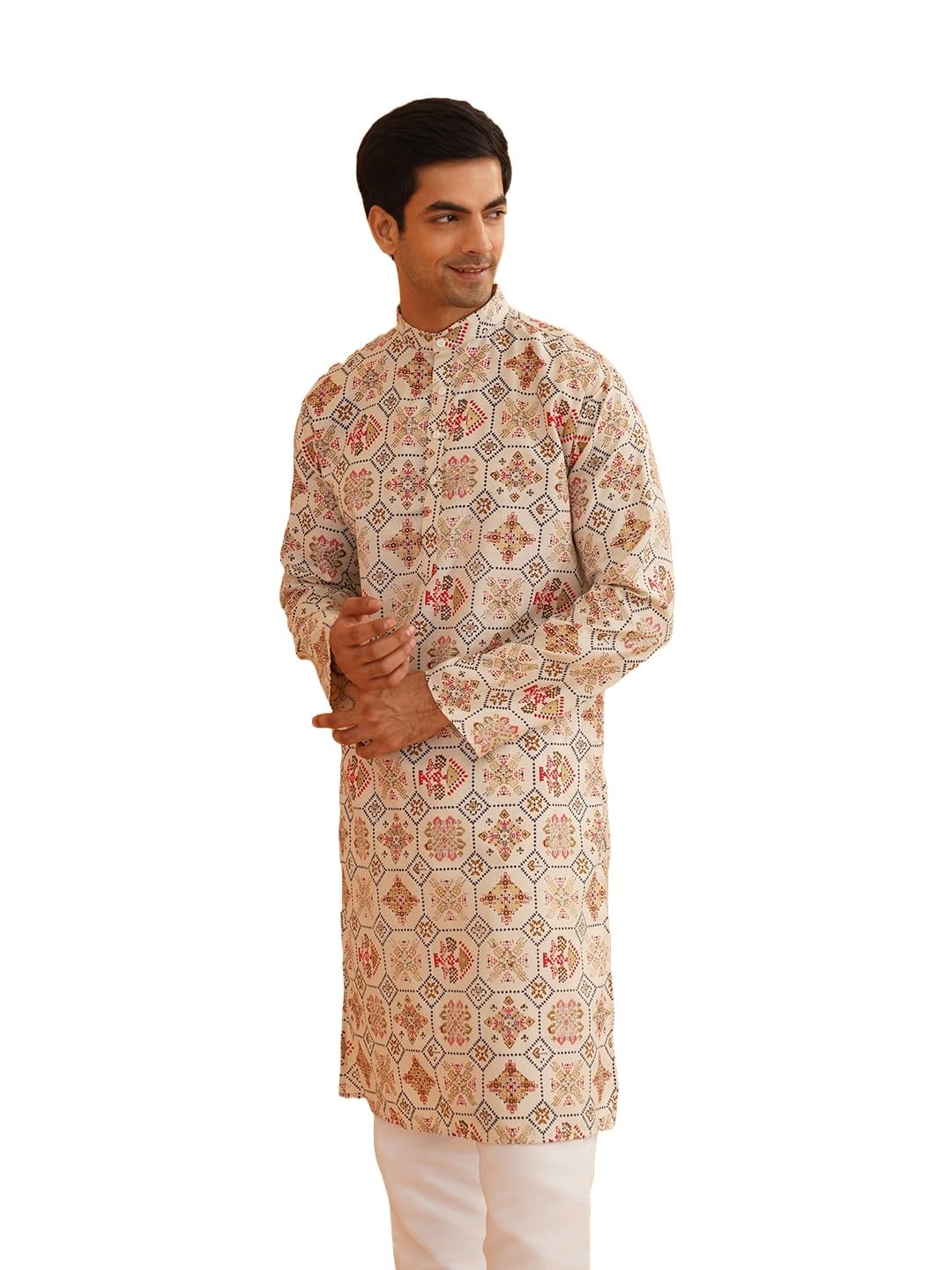 Sojanya (Since 1958 Men'S Cotton Linen Cream & Multi Print Only Long Kurta