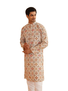 Sojanya (Since 1958 Men'S Cotton Linen Cream & Multi Print Only Long Kurta