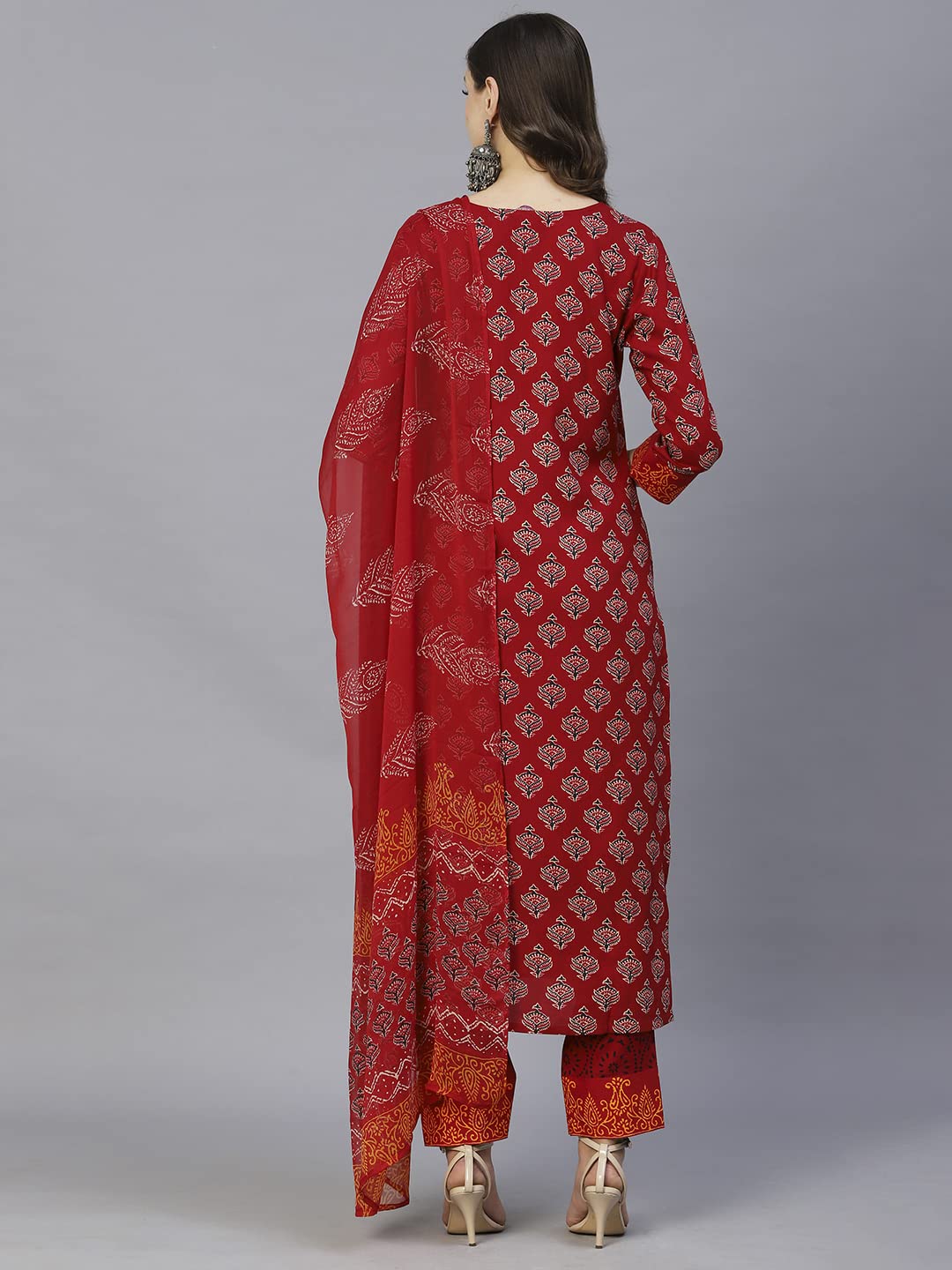 Anni Designer Women'S Cotton Blend Floral Printed Straight Kurta With Pants & Dupatta (Shank-Maroon-Cgd_M_Red_Medium),Red,M,Cotton Blend,Regular,