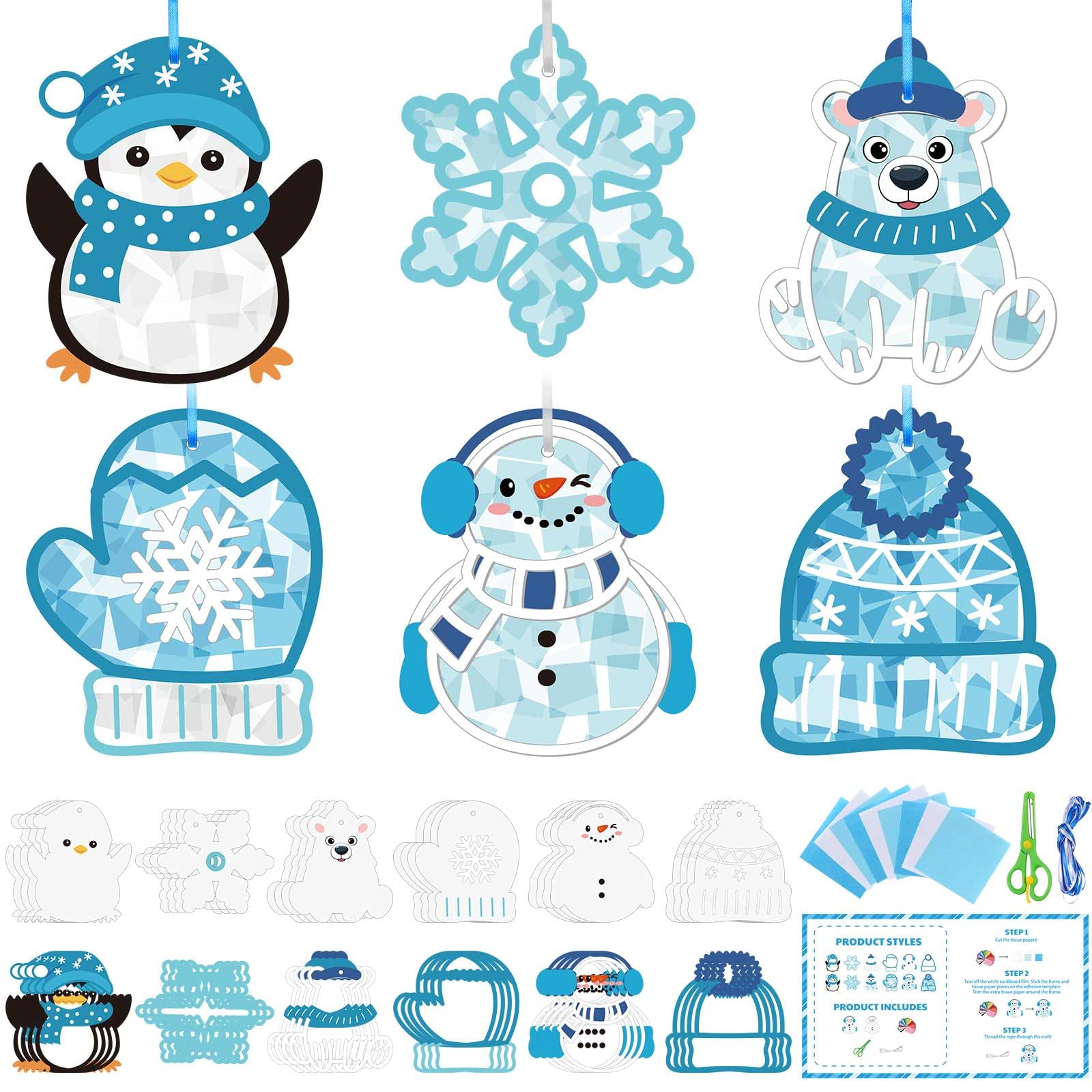 Feifeiya 24 Set Winter Suncatchers Crafts DIY Window Tissue Paper Suncatchers Winter Craft Make Your Own Hanging Ornaments for C