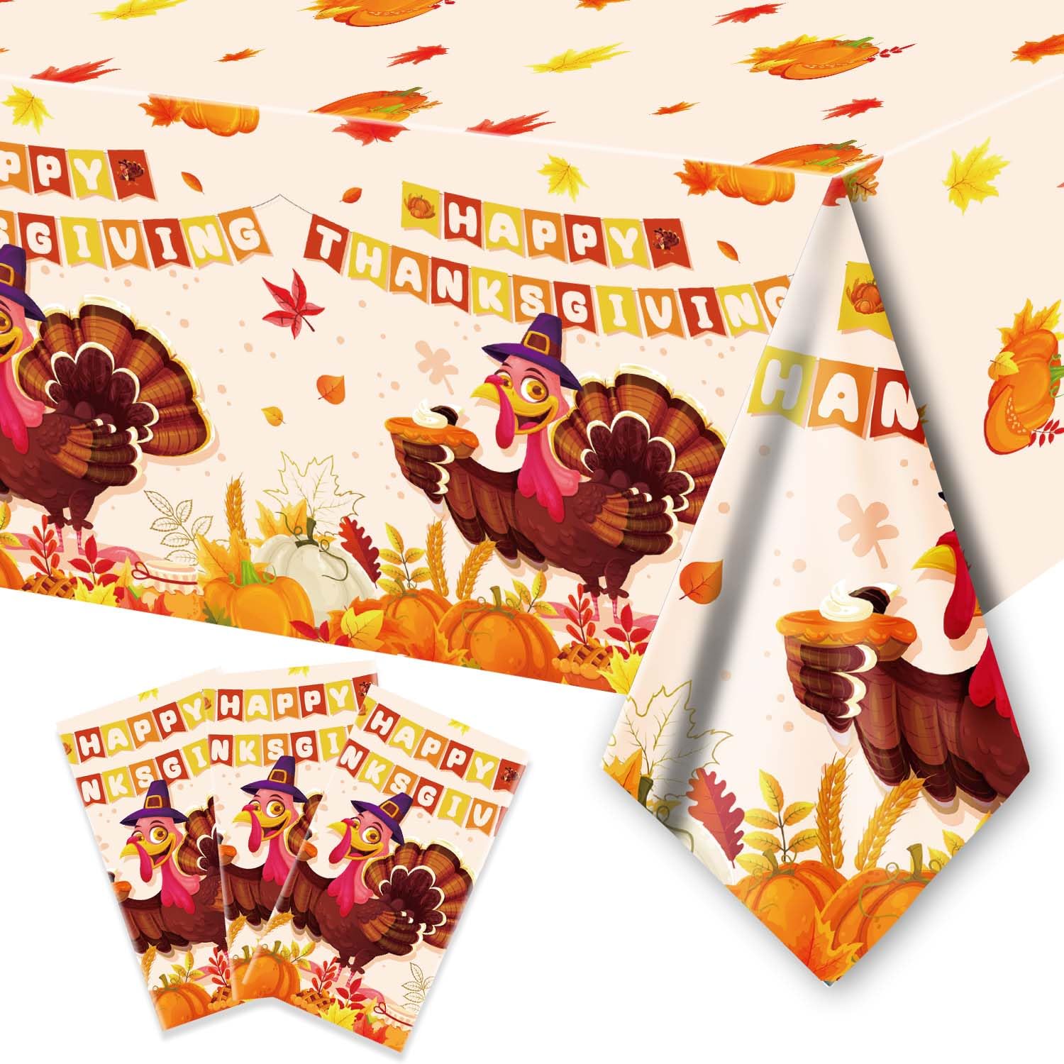 ORNACELE 3 Pack Thanksgiving Fall Tablecloth Disposable - 10854, Fall Table Cloth Autumn Harvest Turkey Pumpkin Leaves Table