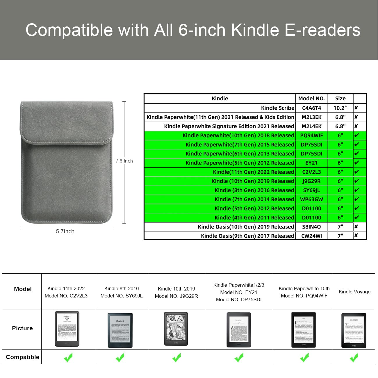 WALNEW 6 Inch Sleeve for All-New Kindle 2022/Kindle 2019(J9G29R)/6 Kindle Paperwhite/Kindle Voyage/Kindle (8th Gen, 2016)/Kind