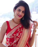 Flosive Womens Present Banarasi Soft Lichi Silk Saree Beautiful Jacquard Rich Pallu Design Work Zari Woven Kanjivaram Silk Style Saree With Soft Lichi Silk Blouse Piece (B Red)