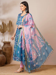 Gosriki Women'S Cotton Blend Anarkali Printed Kurta With Pant & Dupatta (Nina Kerocin-Vks01-Gs_L_Blue_Large),Blue,,B0D9YKPWN7