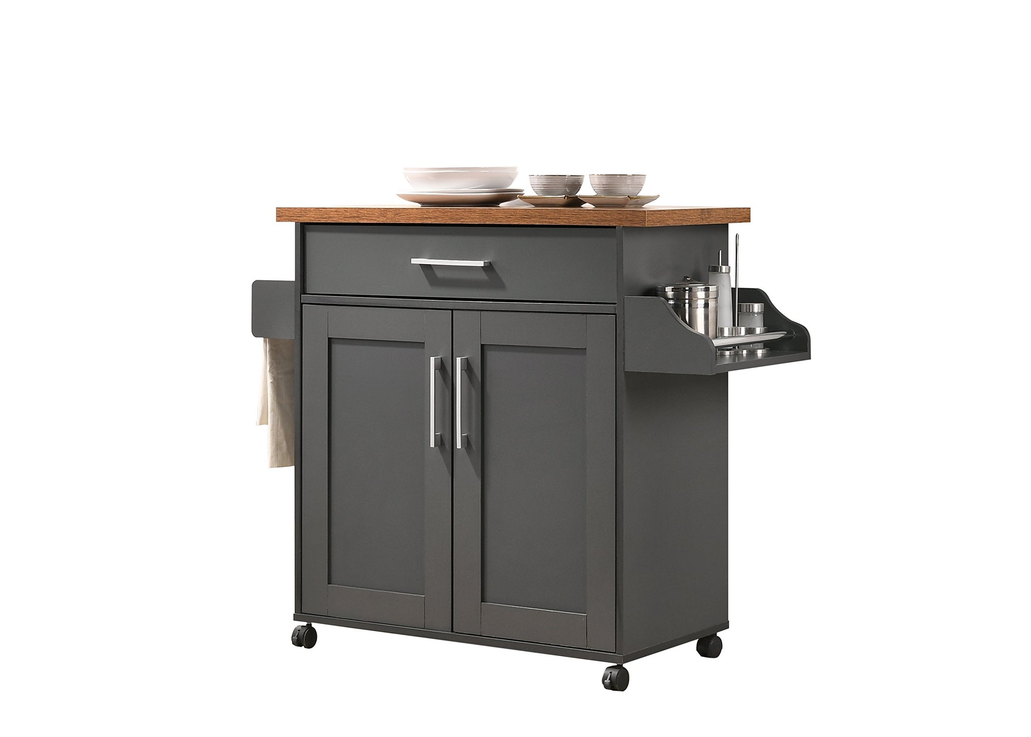 Hodedah Kitchen Island With Spice Rack, Towel Rack & Drawer, Grey With Oak Top