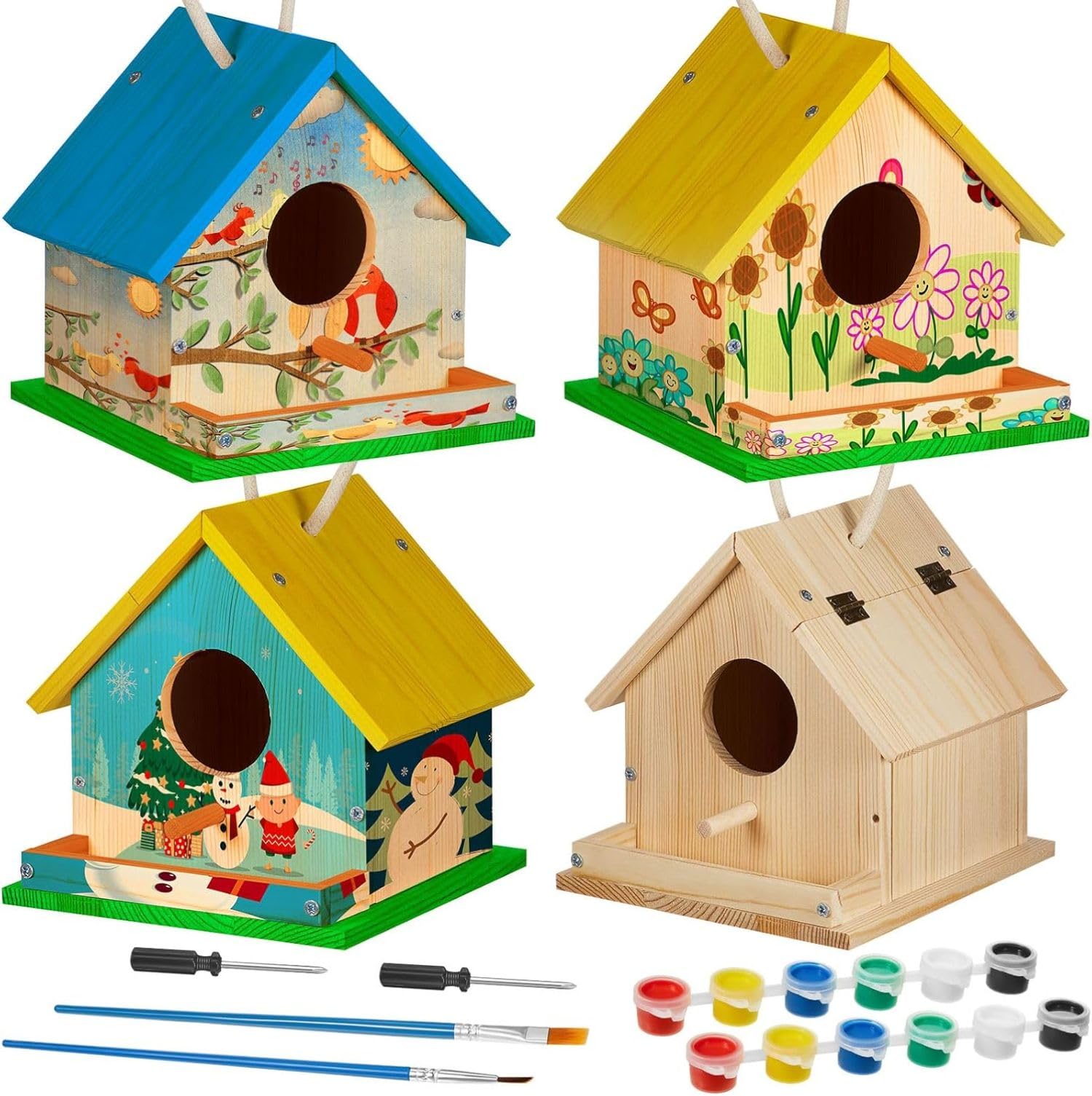 Liliful 36 Sets Wooden DIY Birdhouse Kit Unfinished Bird Houses with Paints and Paintbrushes Bird Feeder Craft Arts for Boy or G