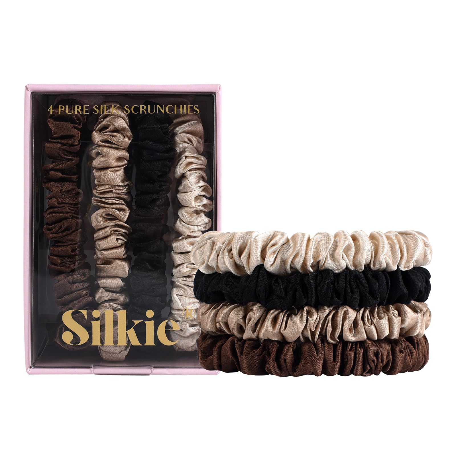 SILKIE x4 Set 100% Pure Mulberry Silk Black Brown Skinny Scrunchies Travel Pouch Everyday Hair Ties Elastics Hair Care Ponytail 