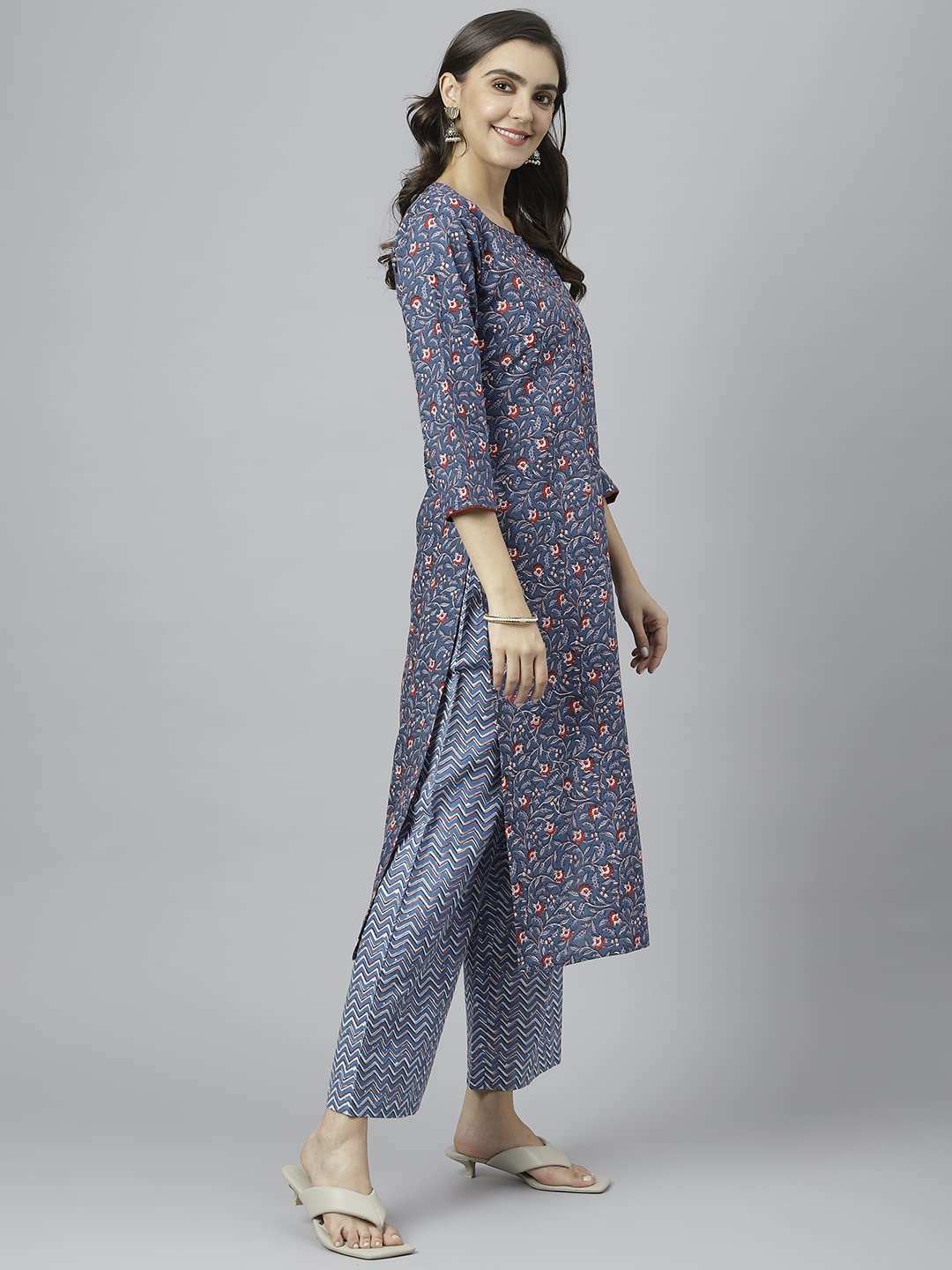 Anni Designer Women'S Cotton Blend Straight Printed Kurta With Palazzo (Qwerty Blue_L_Blue_Large),Blue,L,Cotton Blend,Straight,Palazzo