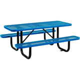Global Industrial 6L Rectangular Picnic Table, Expanded Metal, Blue Thermoplastic Coating, Attached Benches, 1-1/2Umbrella P