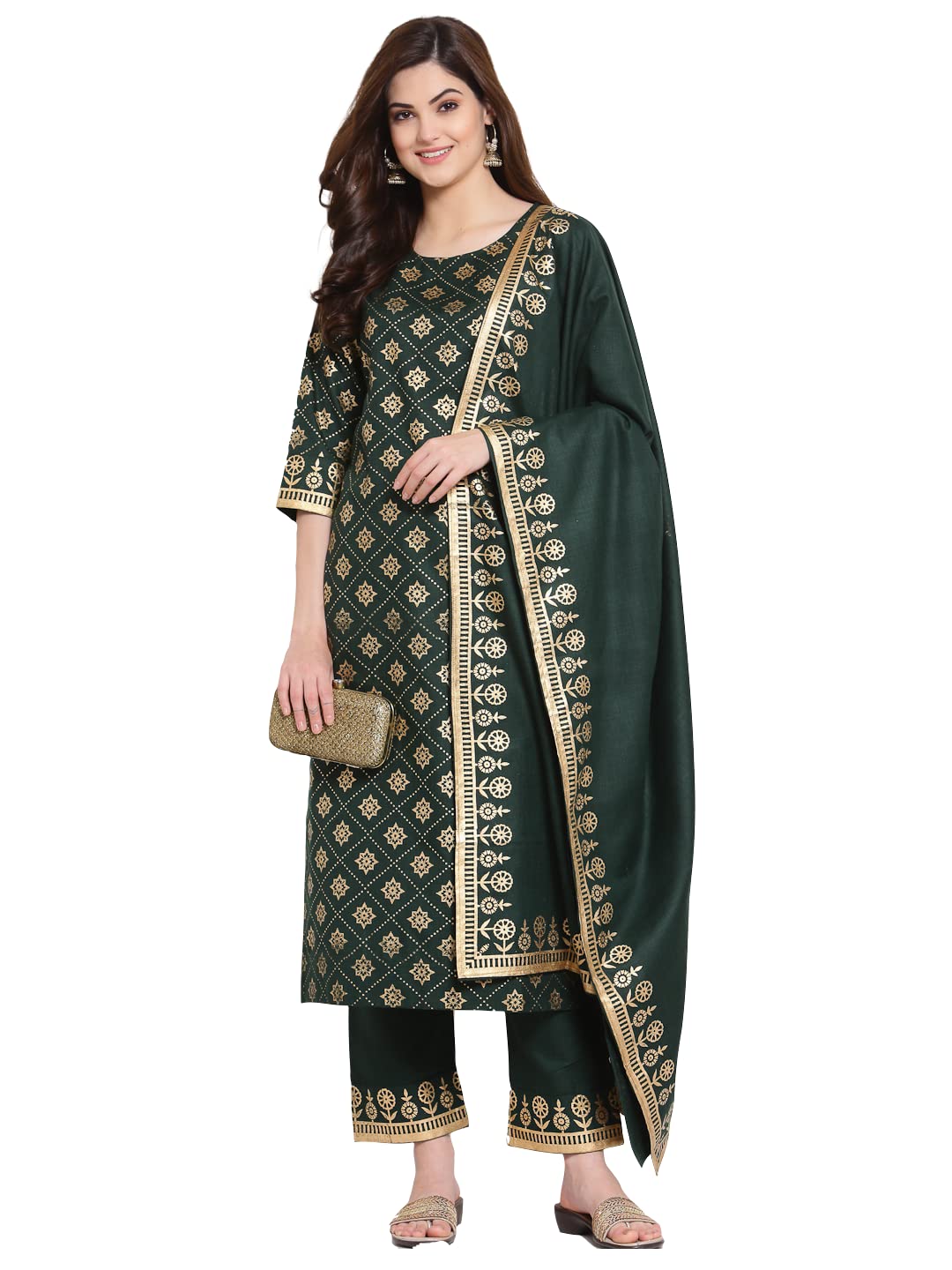 Anni Designer Women'S Straight Cotton Kurta With Palazzo & Dupatta (Navlik-Dark Green-001_S_Dark Green_Small),Dark Green,S