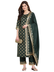 Anni Designer Women'S Straight Cotton Kurta With Palazzo & Dupatta (Navlik-Dark Green-001_S_Dark Green_Small),Dark Green,S