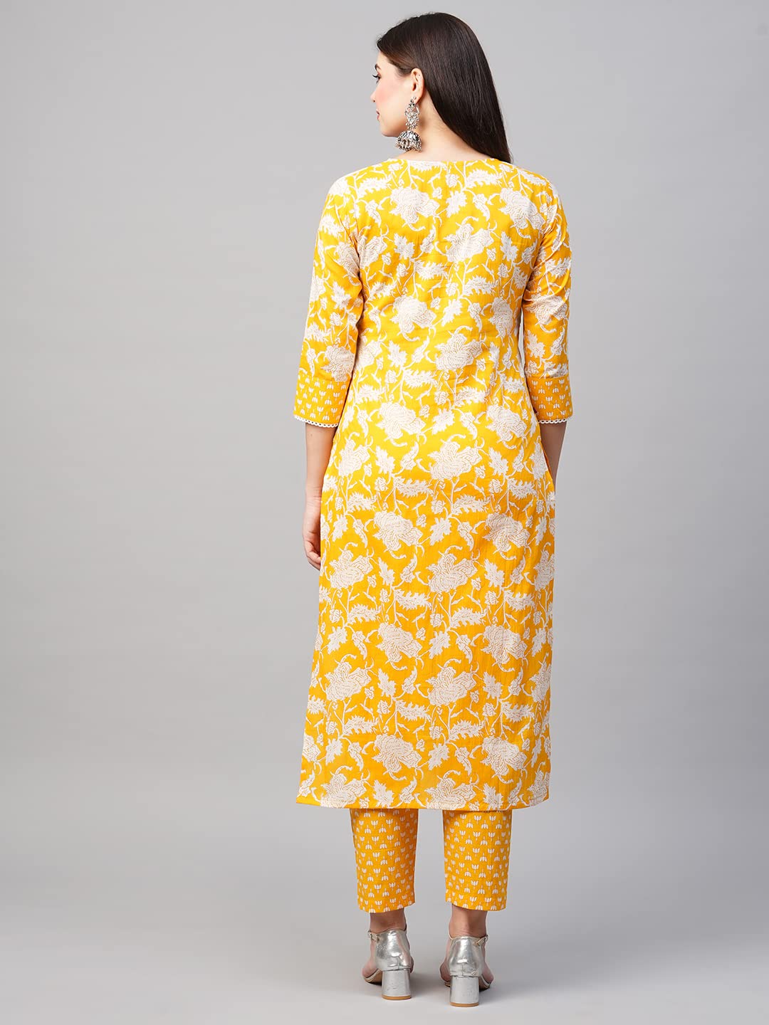 Anni Designer Women'S Cotton Blend Printed Straight Kurta With Pant (Teri Yellow_Xxl_Yellow_Xx-Large),Yellow,2XL,Cotton Blend,Regular,Kurta & Pant Set